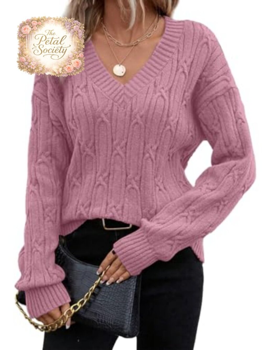 Womens Cable Knit Sweater V Neck Long Sleeve Pullover Lightweight